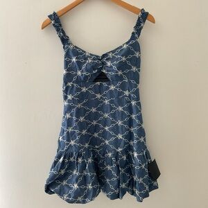 Lulus Enora Blue Chambray Embroidered Bubble Style Hem Mini Dress NWT Small